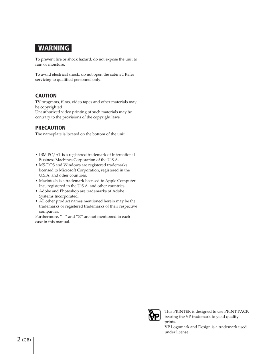 Warning | Sony DPP-M55 User Manual | Page 2 / 32