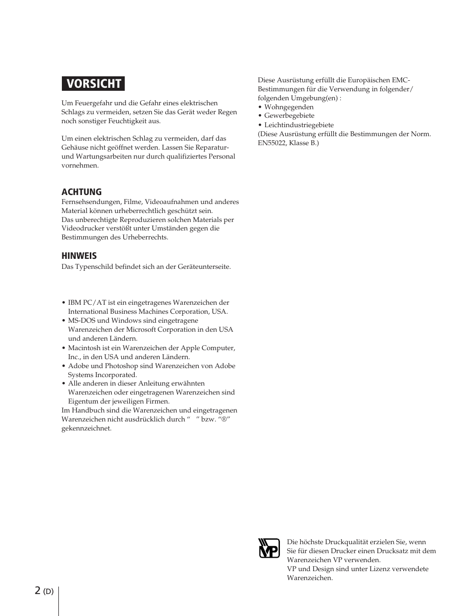 Vorsicht | Sony DPP-M55 User Manual | Page 22 / 32