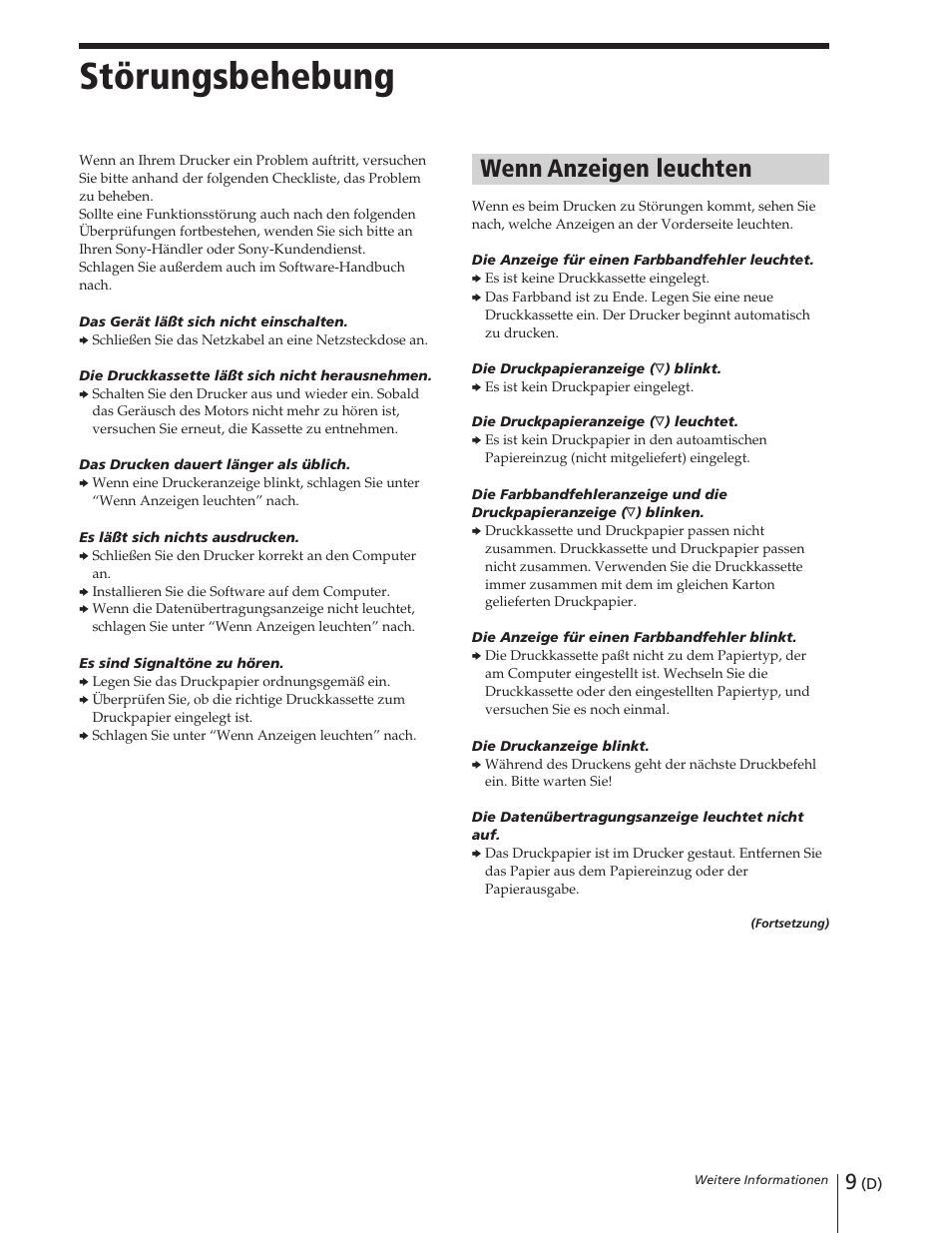 Störungsbehebung, Wenn anzeigen leuchten | Sony DPP-M55 User Manual | Page 29 / 32