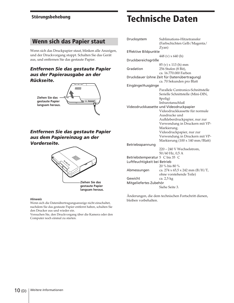 Technische daten, Wenn sich das papier staut | Sony DPP-M55 User Manual | Page 30 / 32