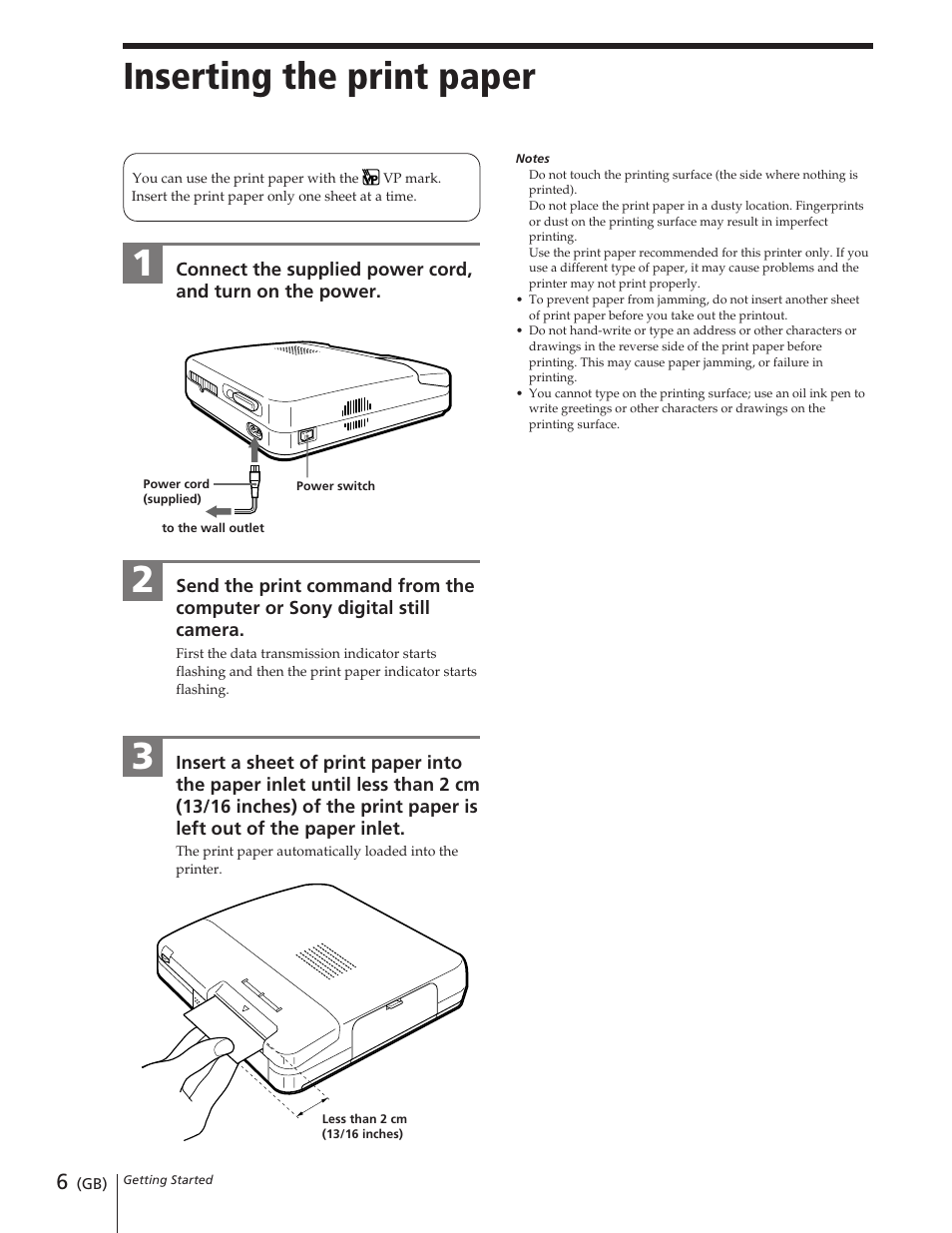 Inserting the print paper | Sony DPP-M55 User Manual | Page 6 / 32