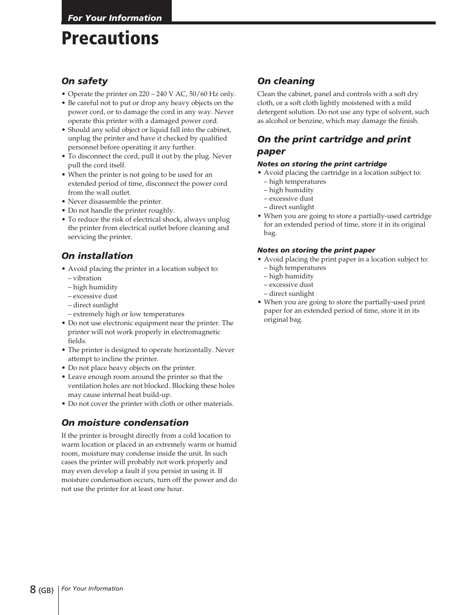 Precautions | Sony DPP-M55 User Manual | Page 8 / 32