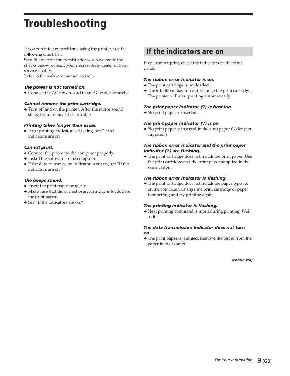 Troubleshooting, If the indicators are on | Sony DPP-M55 User Manual | Page 9 / 32