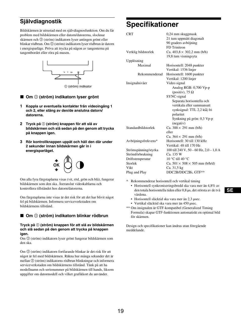 Självdiagnostik, Specifikationer | Sony GDM-5510 User Manual | Page 109 / 186