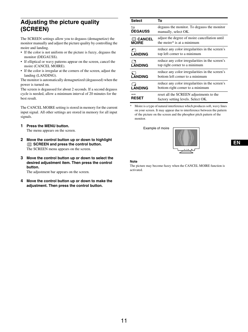 Adjusting the picture quality (screen) | Sony GDM-5510 User Manual | Page 11 / 186