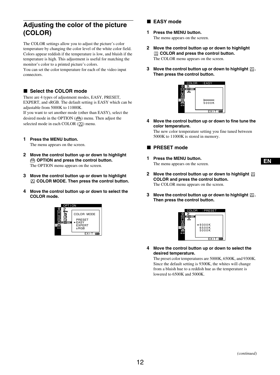 Adjusting the color of the picture (color) | Sony GDM-5510 User Manual | Page 12 / 186