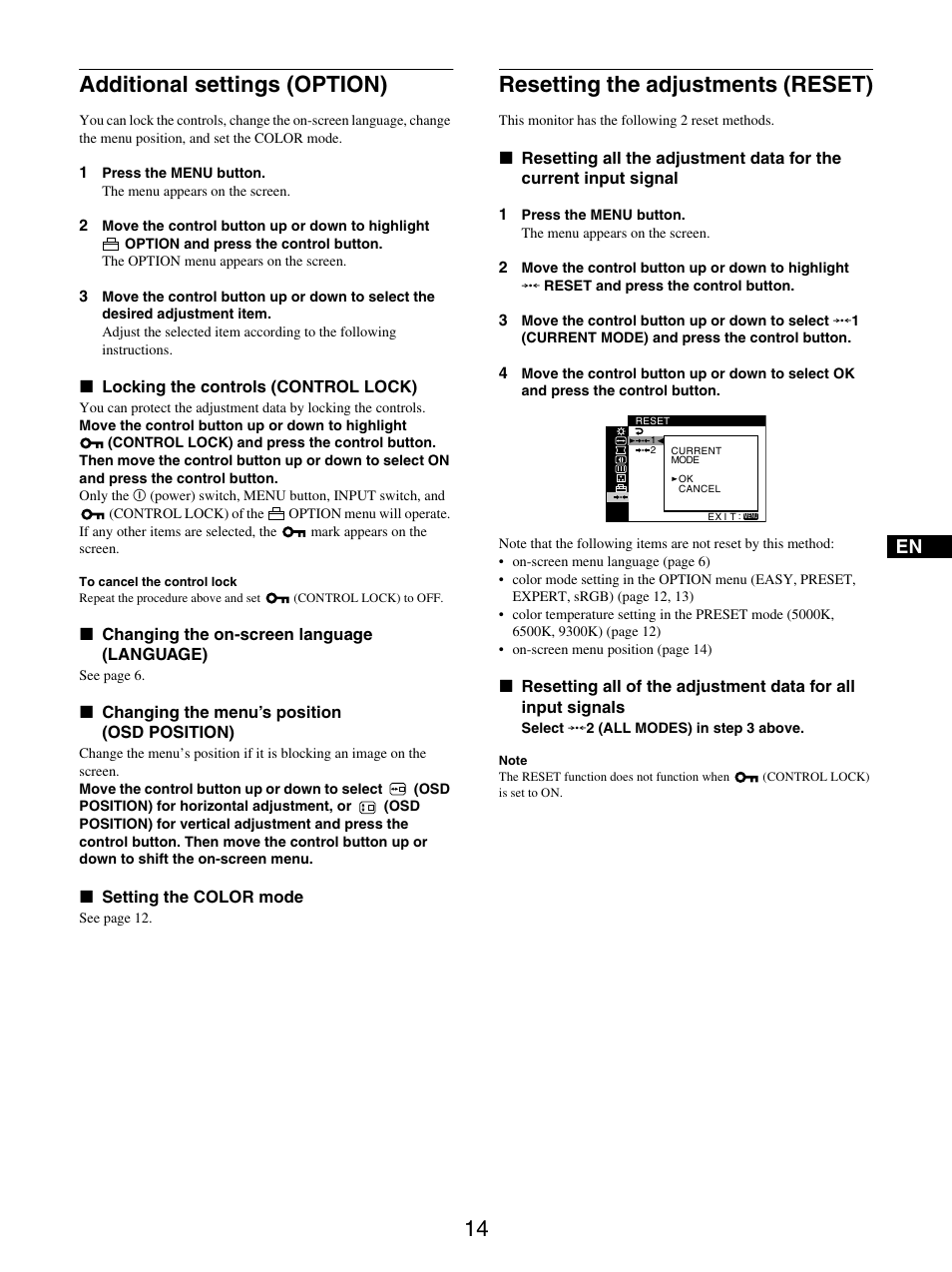 Additional settings (option), Resetting the adjustments (reset) | Sony GDM-5510 User Manual | Page 14 / 186