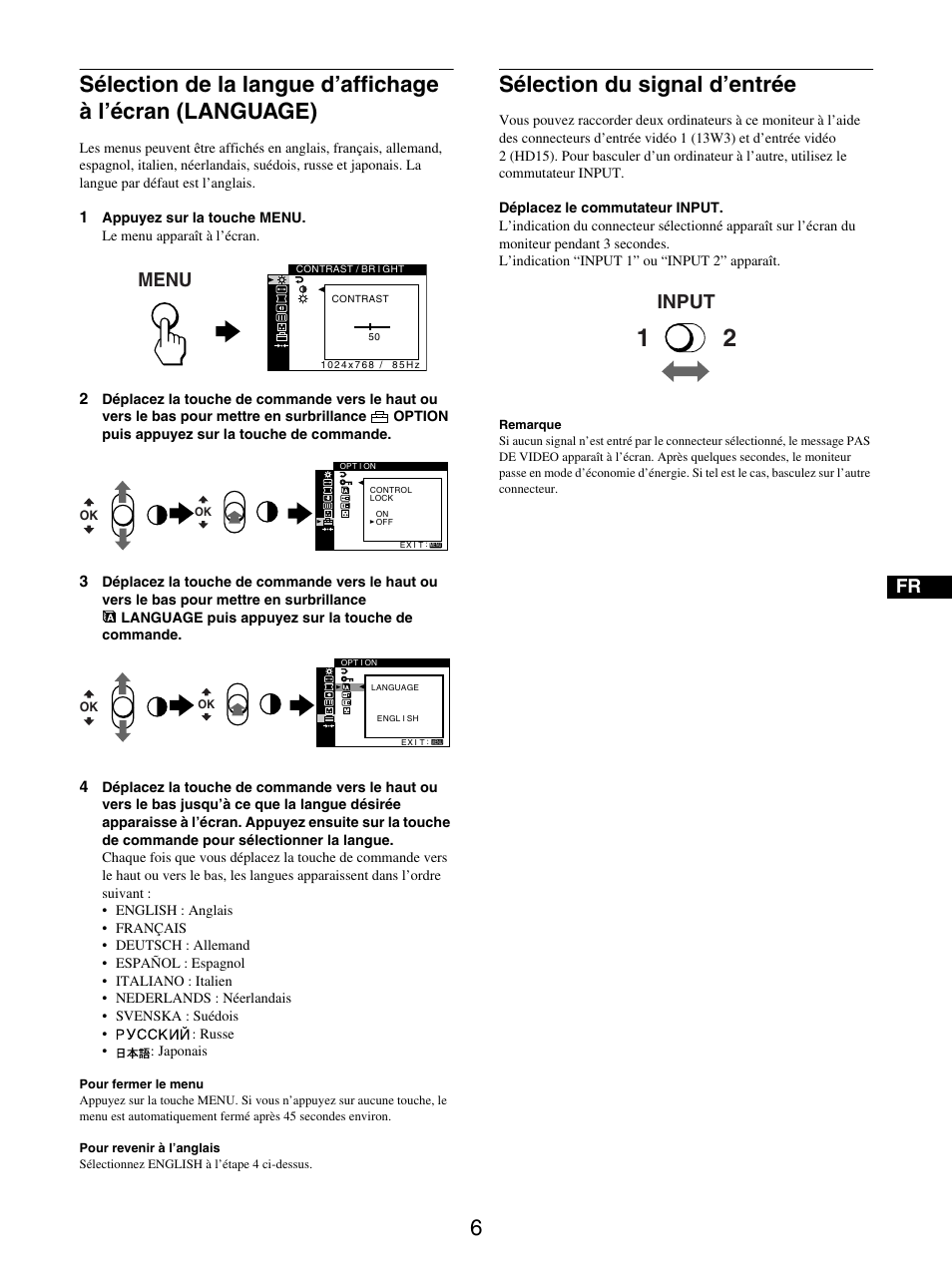 Sélection du signal d’entrée, Menu, Input | Sony GDM-5510 User Manual | Page 24 / 186