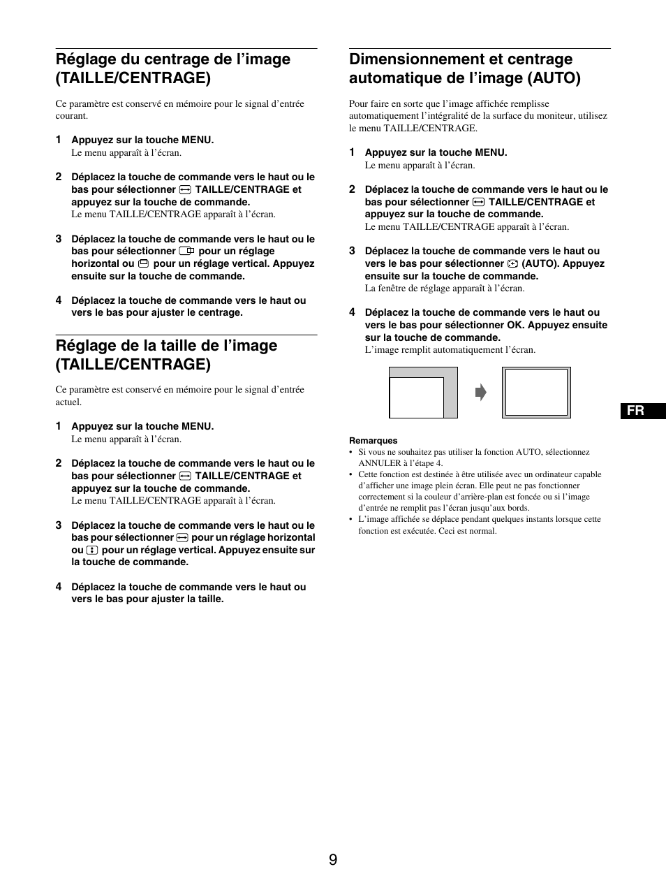Réglage du centrage de l’image (taille/centrage), Réglage de la taille de l’image (taille/centrage) | Sony GDM-5510 User Manual | Page 27 / 186