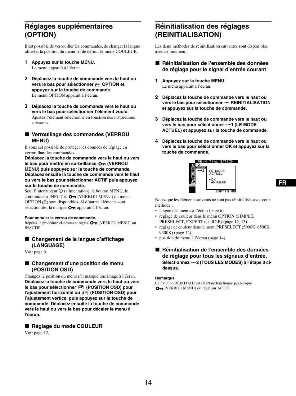 Réglages supplémentaires (option), Réinitialisation des réglages (reinitialisation) | Sony GDM-5510 User Manual | Page 32 / 186