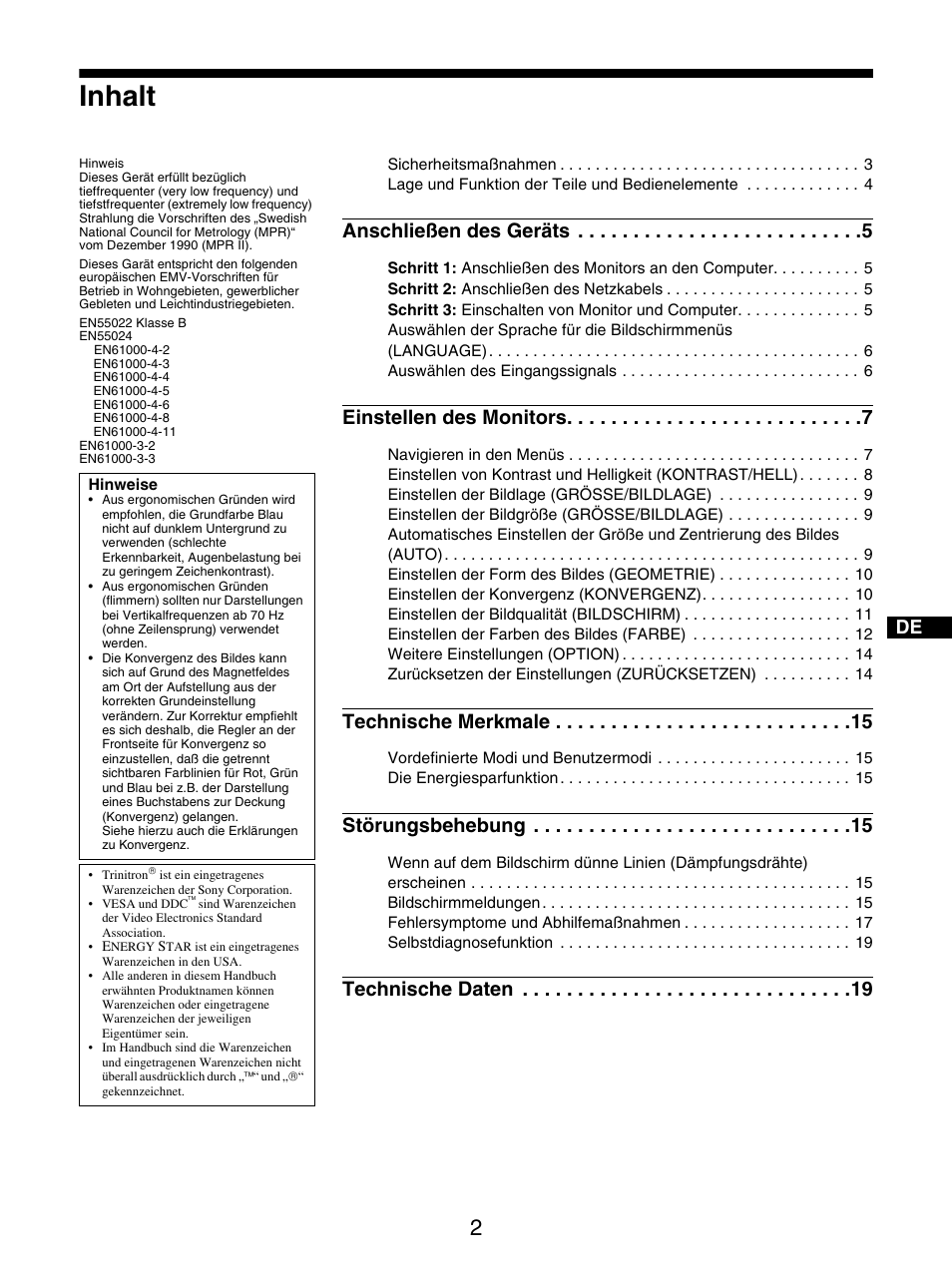 Bedienungsanleitung, Inhalt, Anschließen des geräts | Einstellen des monitors, Technische merkmale, Störungsbehebung, Technische daten | Sony GDM-5510 User Manual | Page 38 / 186