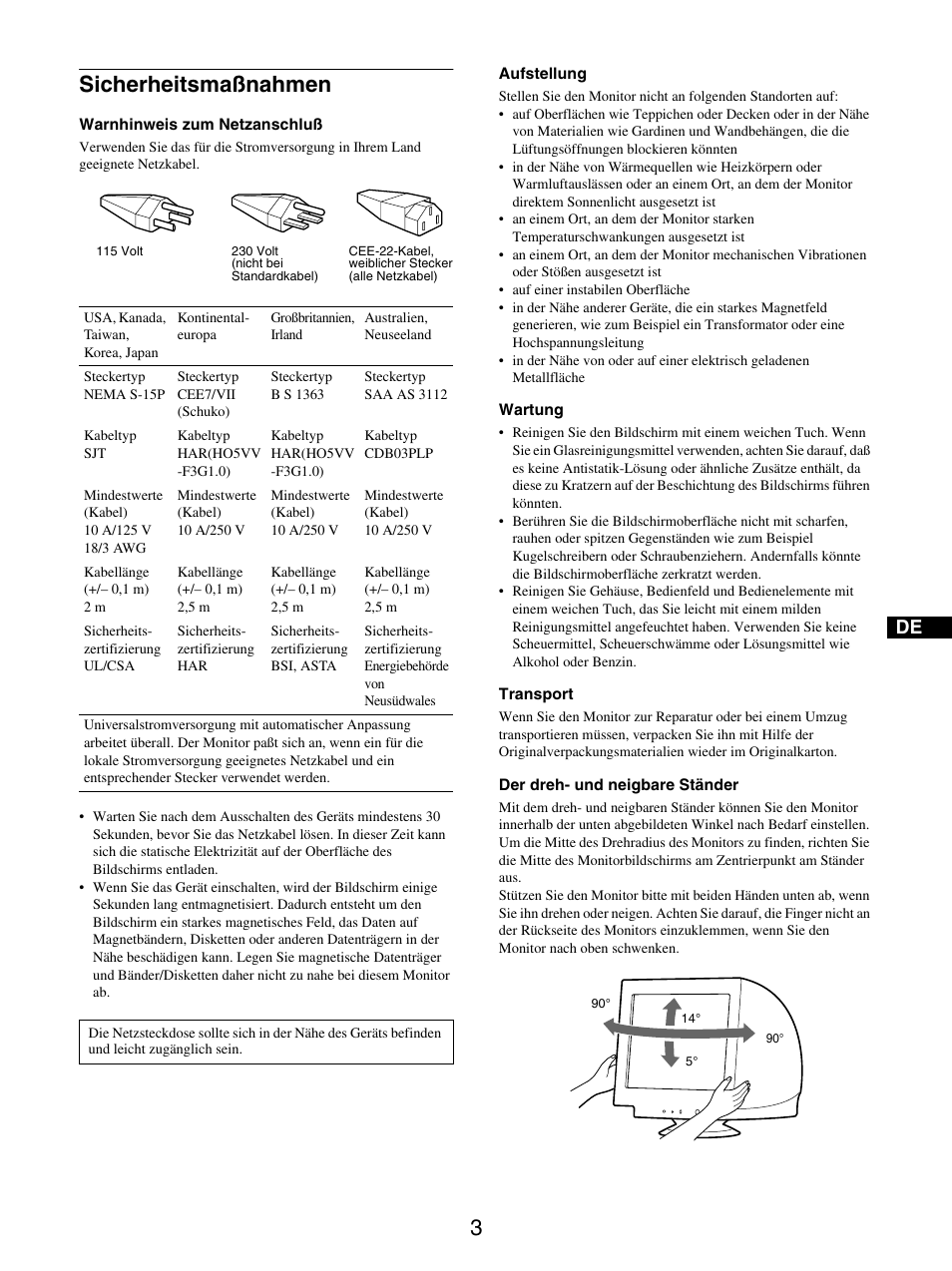 Sicherheitsmaßnahmen, 3sicherheitsmaßnahmen | Sony GDM-5510 User Manual | Page 39 / 186