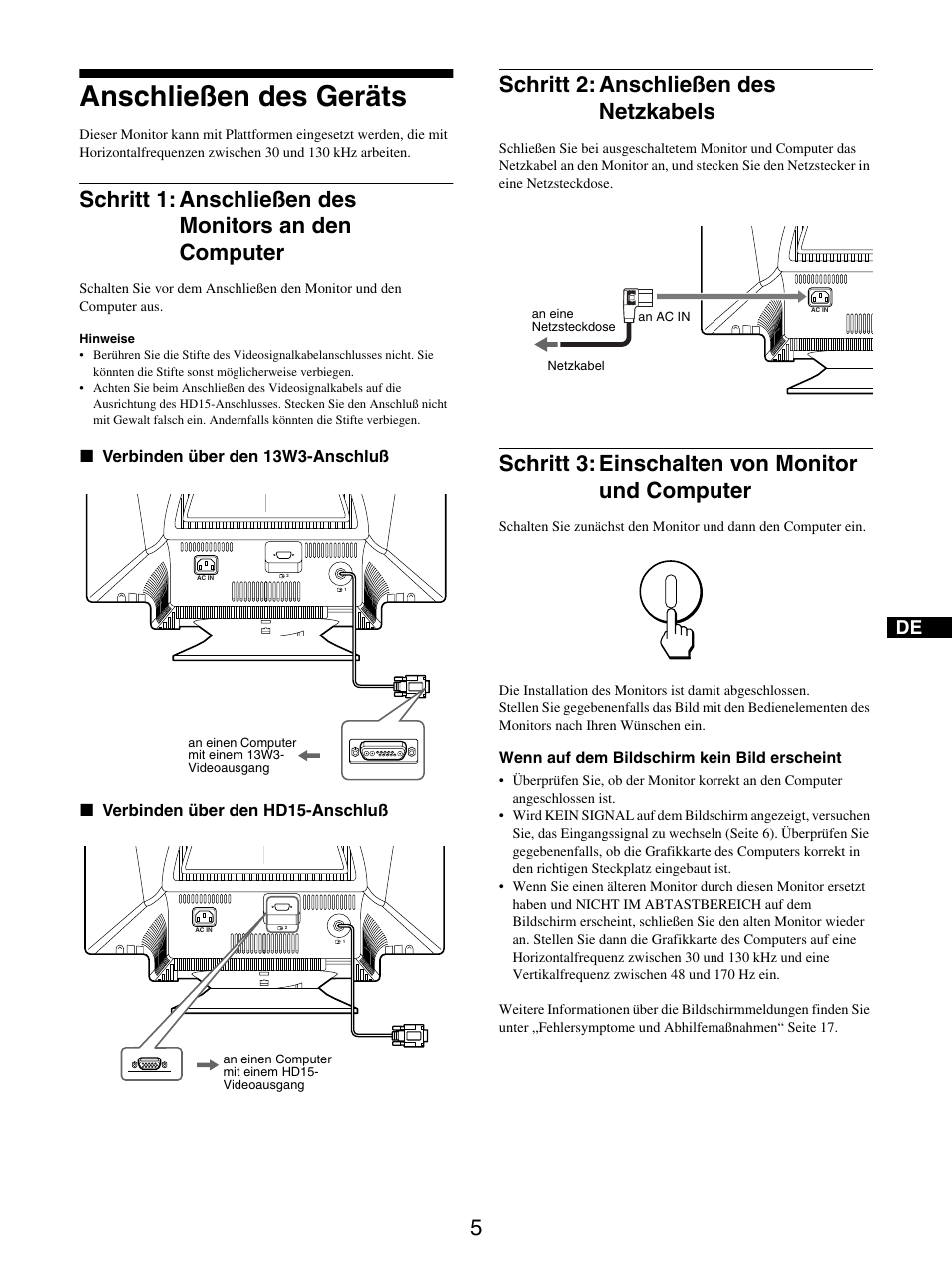 Anschließen des geräts, Schritt 2: anschließen des netzkabels, Schritt 3: einschalten von monitor und computer | Schritt 1, Schritt 2, Schritt 3, Seite 5, Seite 5), D15) (seite 5 | Sony GDM-5510 User Manual | Page 41 / 186