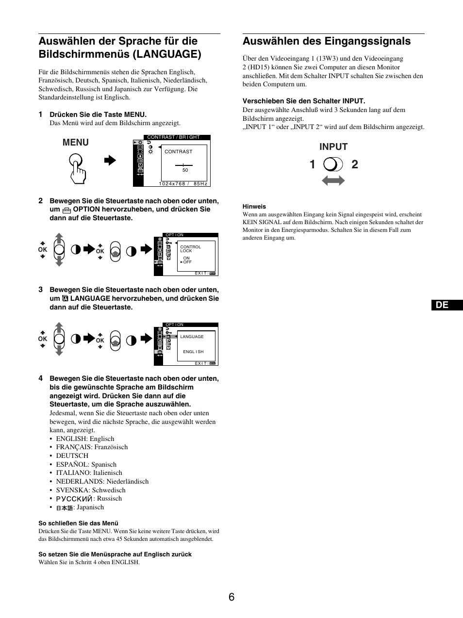 Auswählen des eingangssignals, Seite 6), Menu | Input | Sony GDM-5510 User Manual | Page 42 / 186