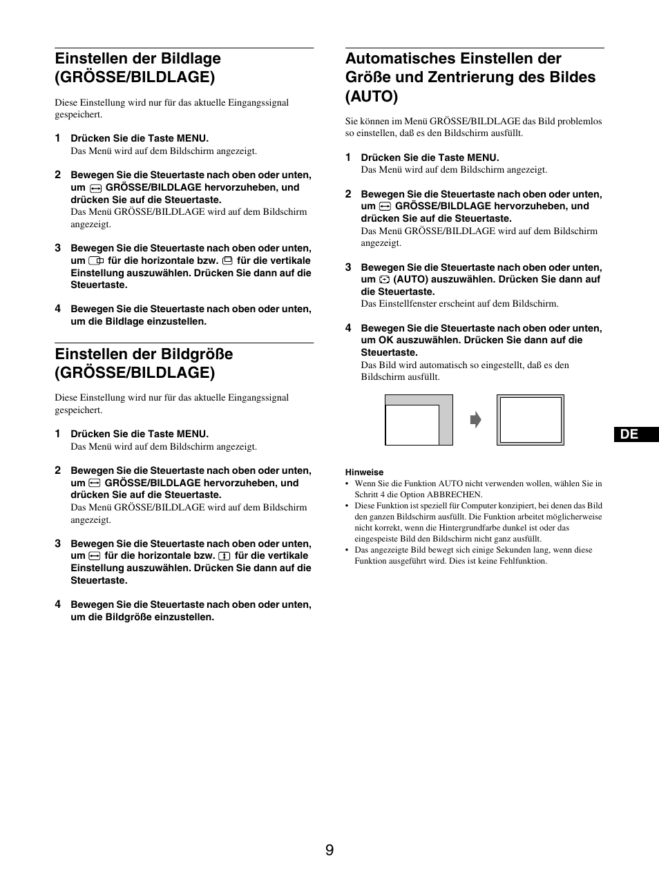 Einstellen der bildlage (grösse/bildlage), Einstellen der bildgröße (grösse/bildlage), Seite 9) | 9einstellen der bildlage (grösse/bildlage) | Sony GDM-5510 User Manual | Page 45 / 186