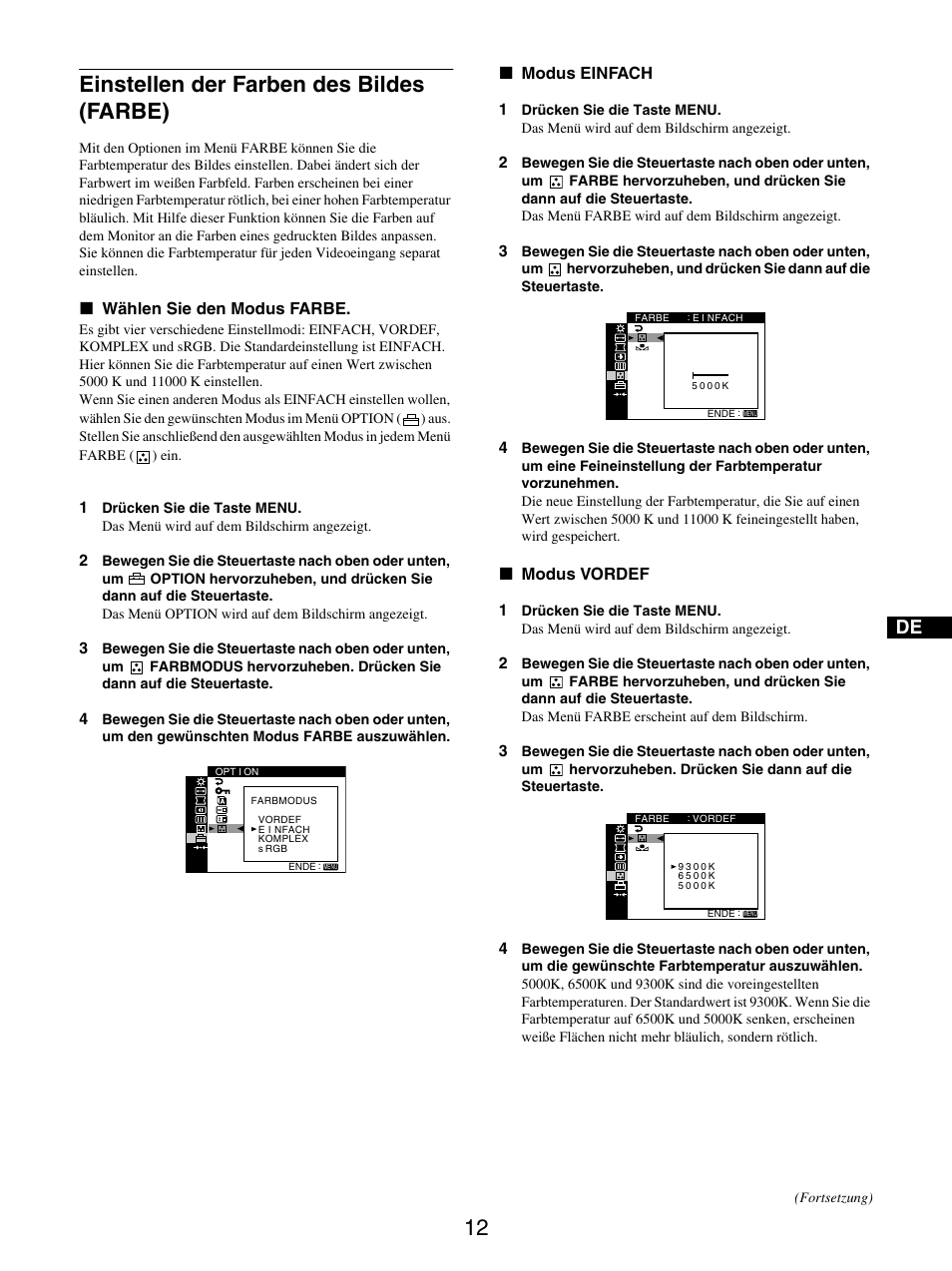 Einstellen der farben des bildes (farbe), Farbe (seite 12, 12 einstellen der farben des bildes (farbe) | Sony GDM-5510 User Manual | Page 48 / 186