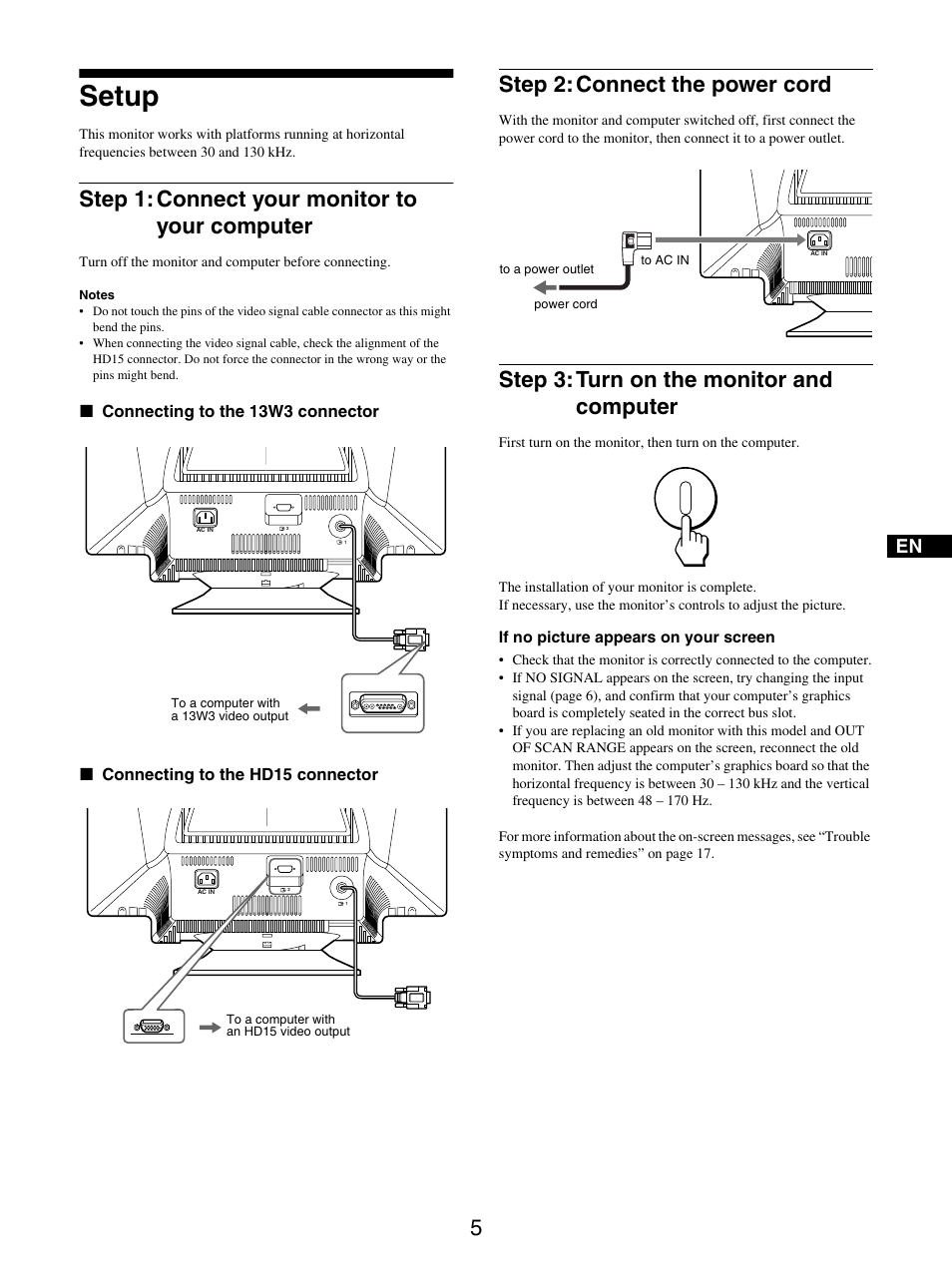 Setup, Step 1: connect your monitor to your computer, Step 2: connect the power cord | Step 3: turn on the monitor and computer, Step 1, Step 2, Step 3 | Sony GDM-5510 User Manual | Page 5 / 186