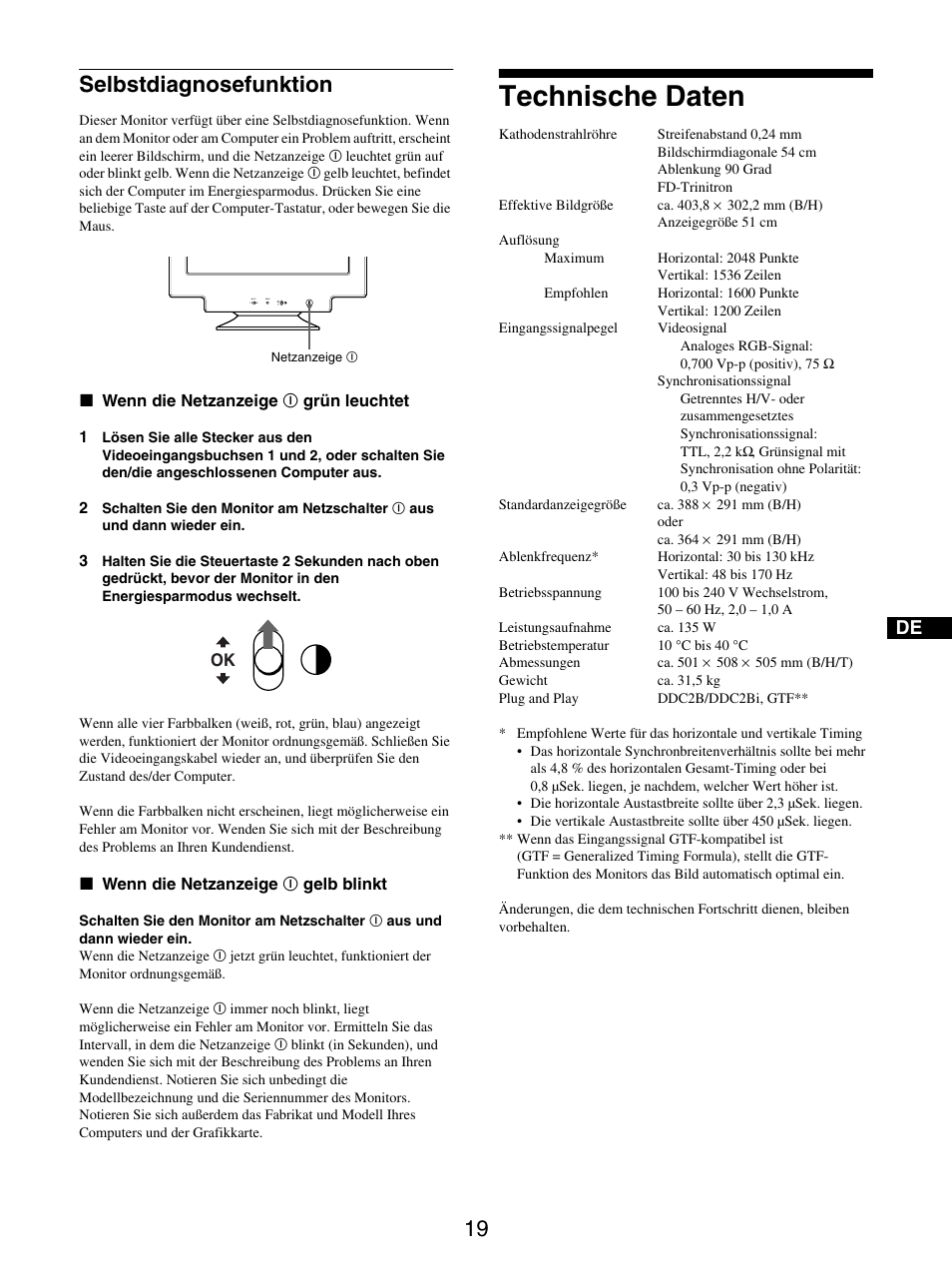 Selbstdiagnosefunktion, Technische daten, N (seite 19 | Seite 19, 19 selbstdiagnosefunktion | Sony GDM-5510 User Manual | Page 55 / 186