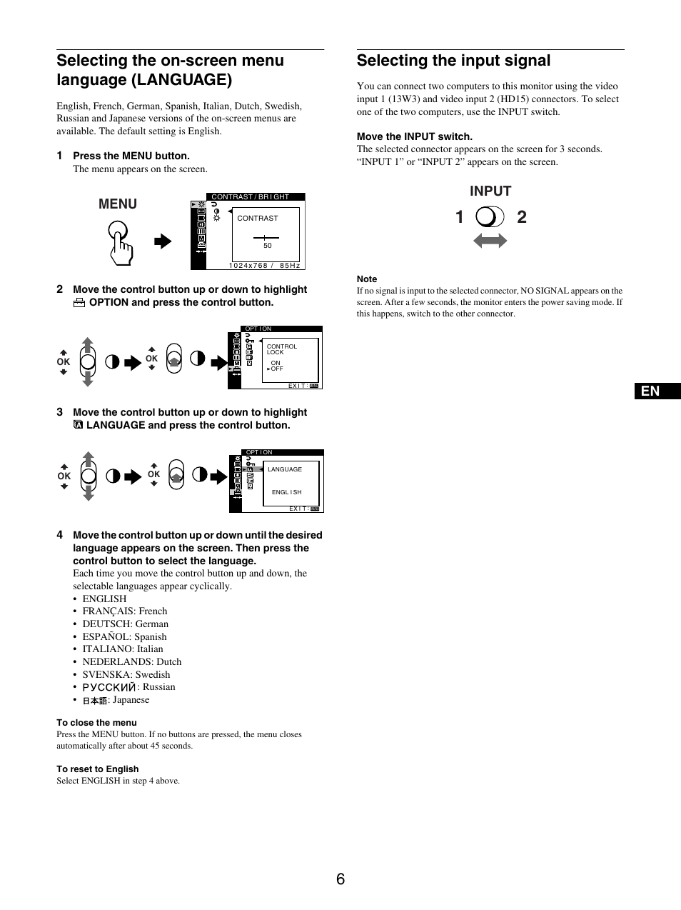 Selecting the on-screen menu language (language), Selecting the input signal, Menu | Input | Sony GDM-5510 User Manual | Page 6 / 186