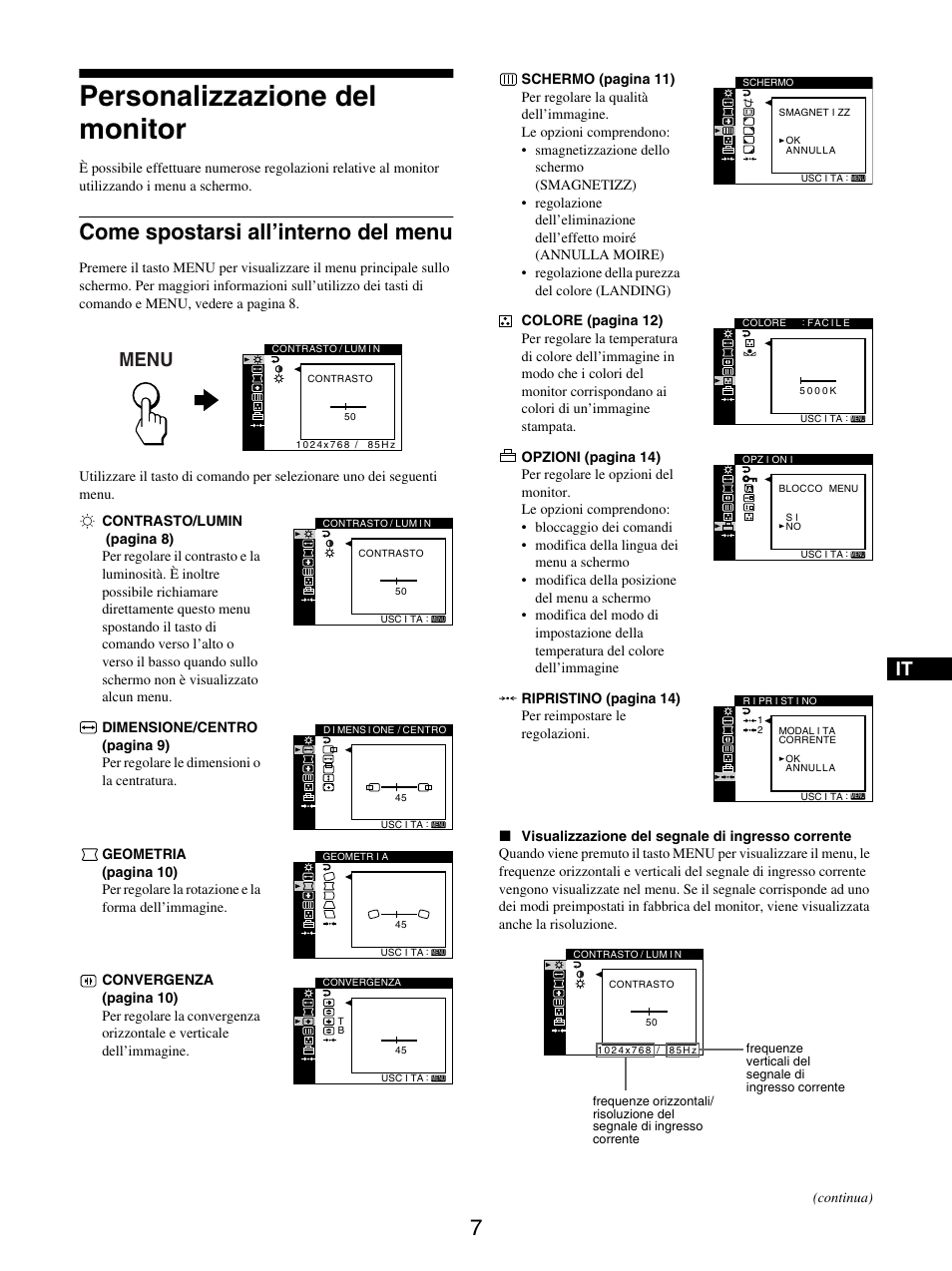 Personalizzazione del monitor, Come spostarsi all’interno del menu, Menu | Sony GDM-5510 User Manual | Page 61 / 186