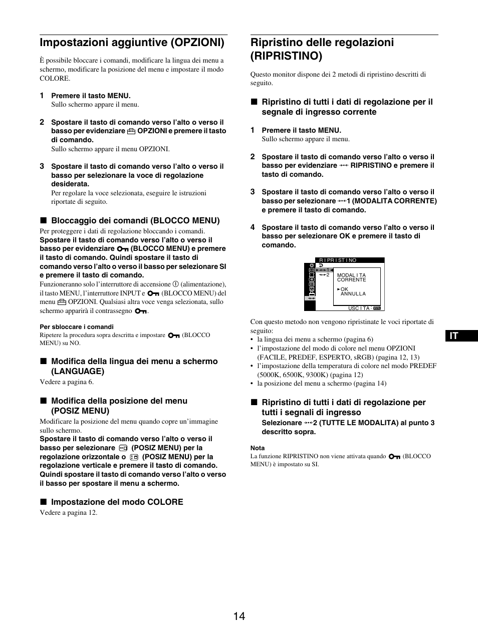 Impostazioni aggiuntive (opzioni), Ripristino delle regolazioni (ripristino) | Sony GDM-5510 User Manual | Page 68 / 186