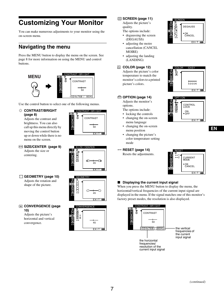 Customizing your monitor, Navigating the menu, Menu | Sony GDM-5510 User Manual | Page 7 / 186