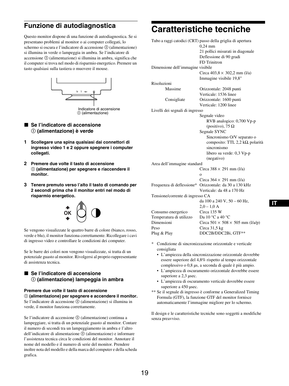 Funzione di autodiagnostica, Caratteristiche tecniche | Sony GDM-5510 User Manual | Page 73 / 186