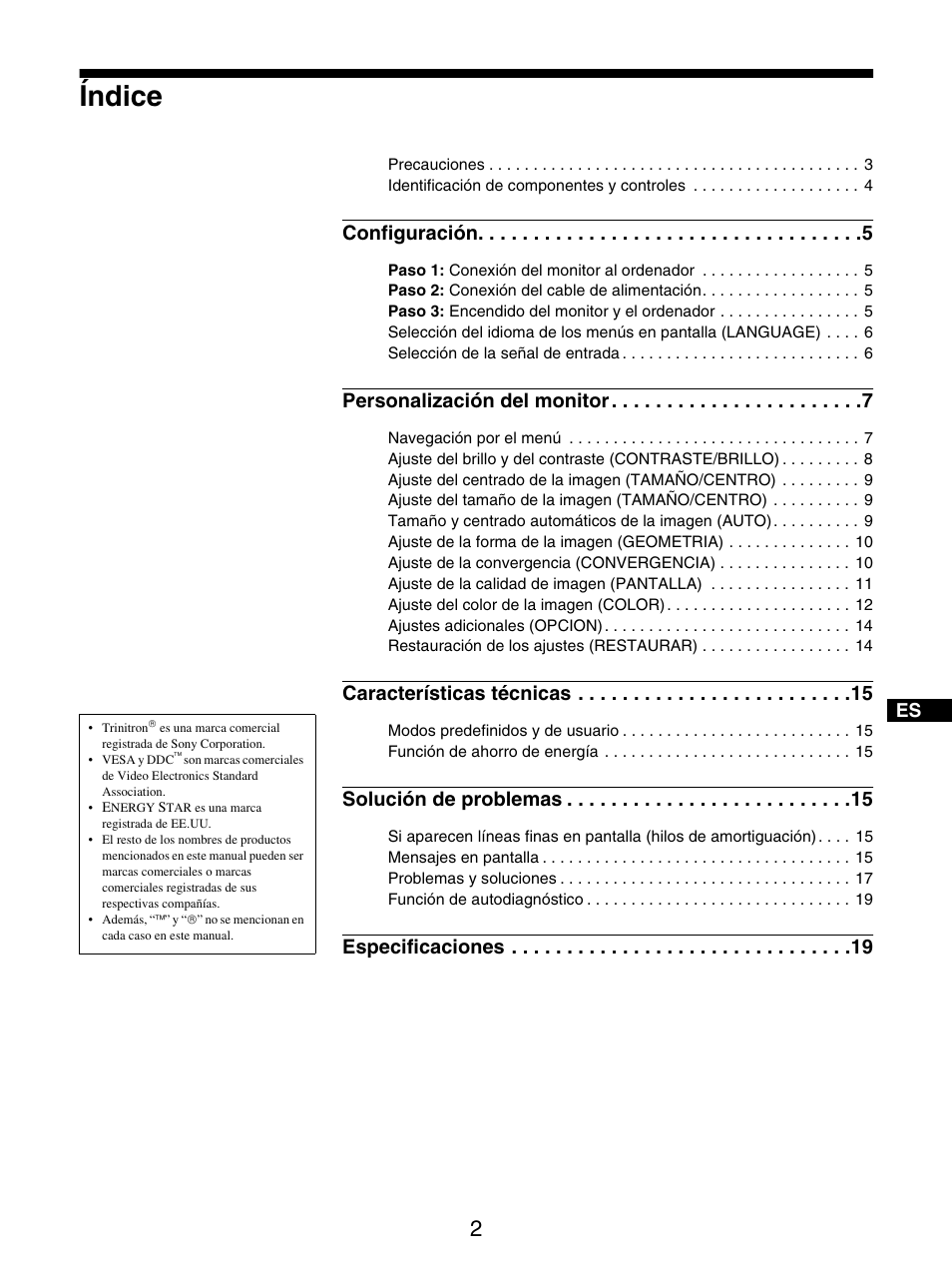 Manual de instrucciones, Índice, Configuración | Personalización del monitor, Características técnicas, Solución de problemas, Especificaciones | Sony GDM-5510 User Manual | Page 74 / 186