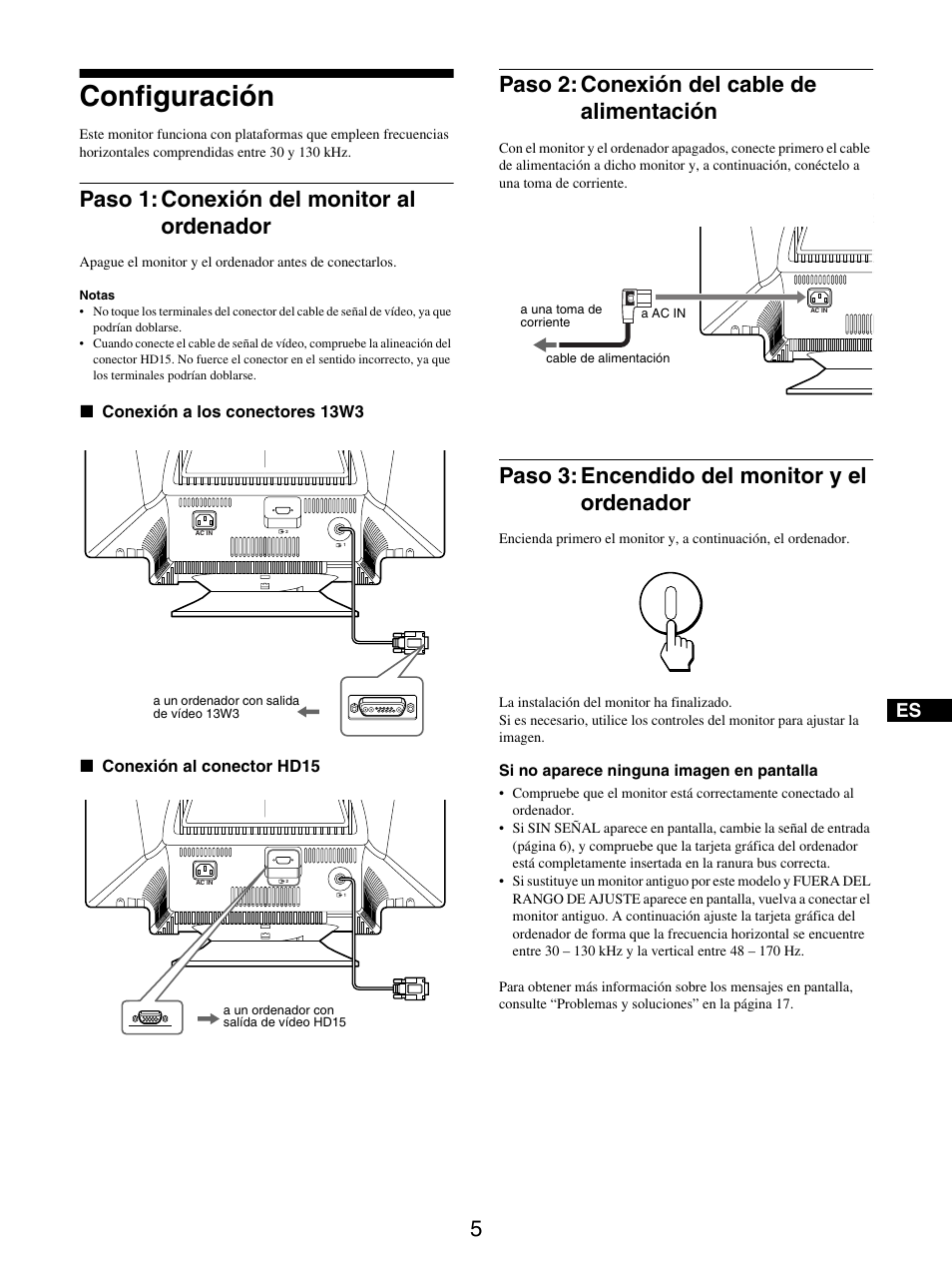 Configuración, Paso 1: conexión del monitor al ordenador, Paso 2: conexión del cable de alimentación | Paso 3: encendido del monitor y el ordenador, Paso 1: co, Paso 3: en | Sony GDM-5510 User Manual | Page 77 / 186
