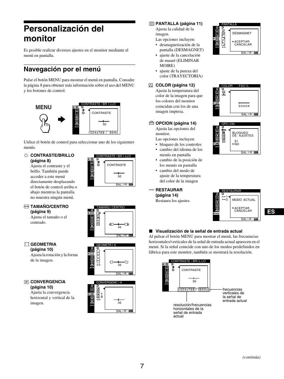 Personalización del monitor, Navegación por el menú, Menu | Sony GDM-5510 User Manual | Page 79 / 186