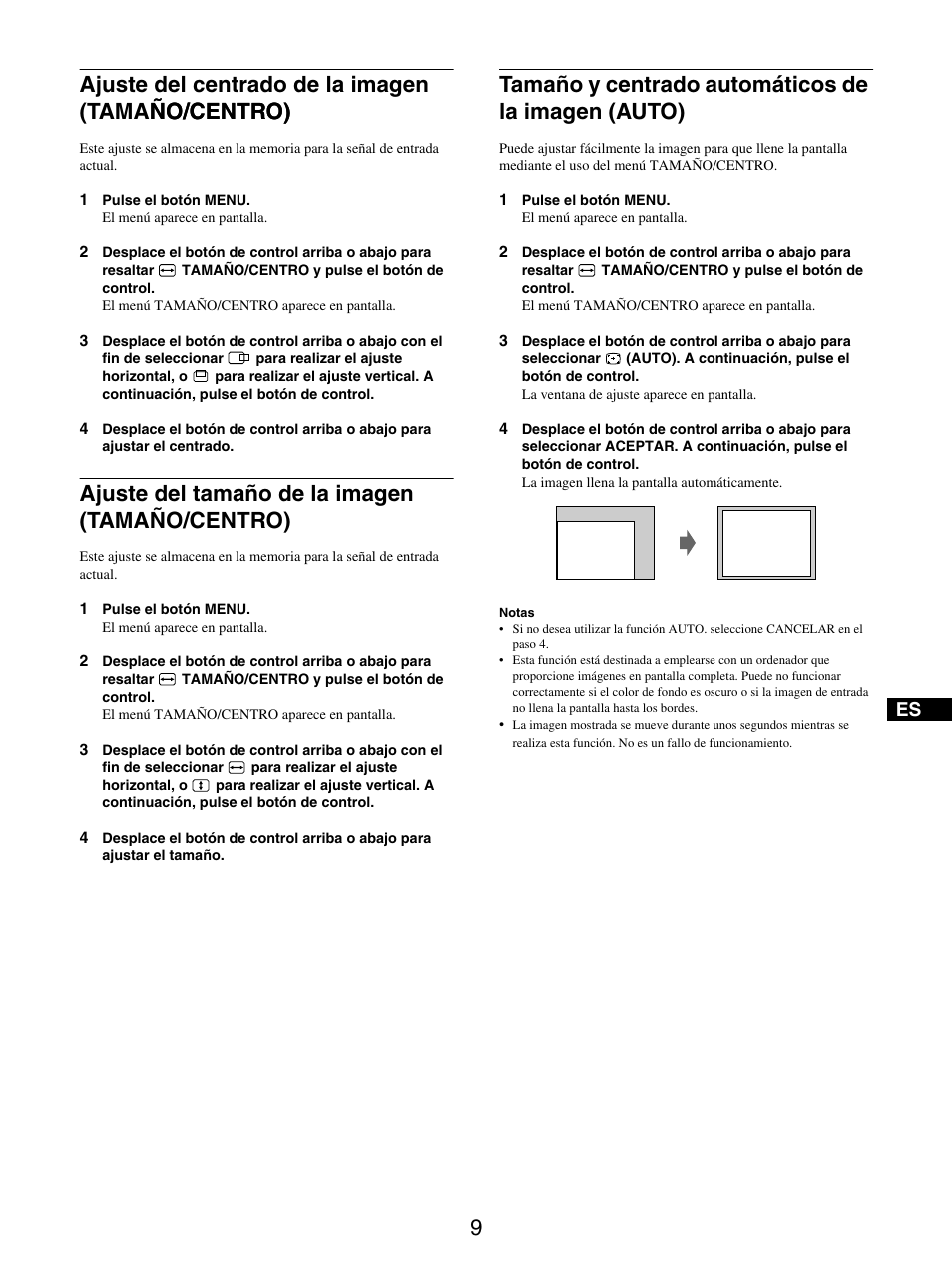 Ajuste del centrado de la imagen (tamaño/centro), Ajuste del tamaño de la imagen (tamaño/centro), Tamaño y centrado automáticos de la imagen (auto) | Sony GDM-5510 User Manual | Page 81 / 186