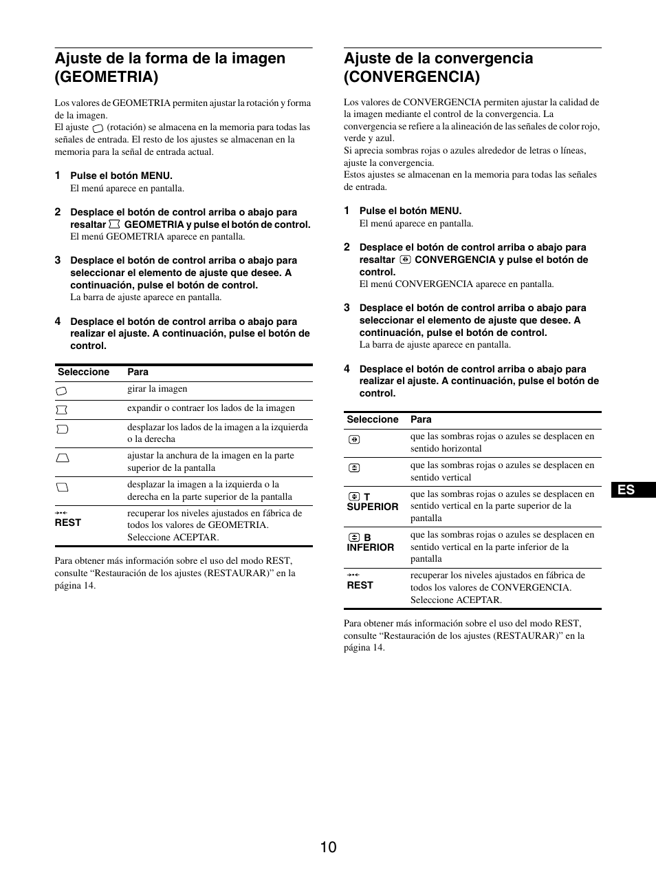 Ajuste de la forma de la imagen (geometria), Ajuste de la convergencia (convergencia) | Sony GDM-5510 User Manual | Page 82 / 186