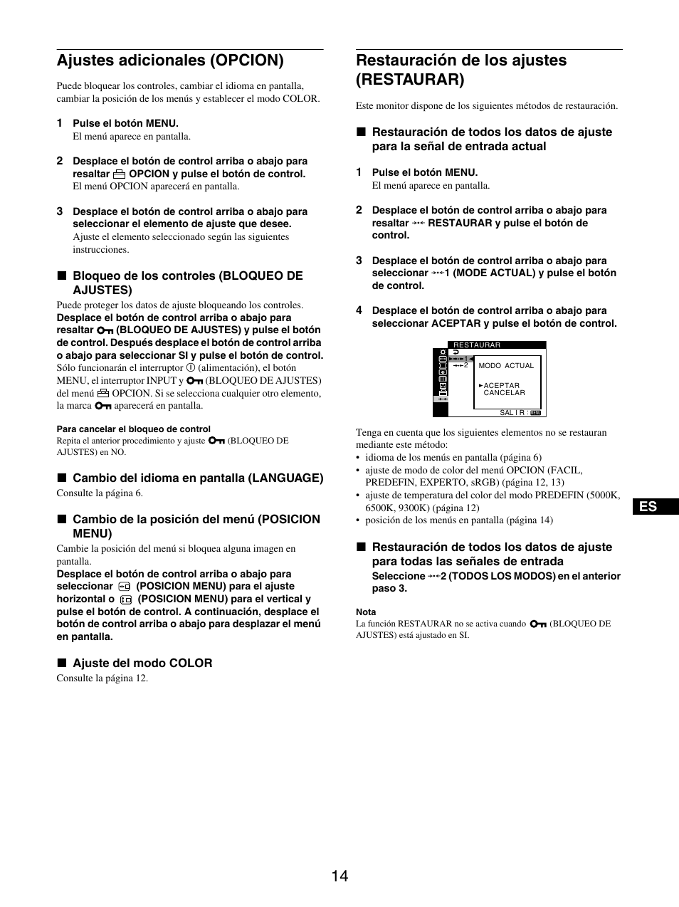 Ajustes adicionales (opcion), Restauración de los ajustes (restaurar) | Sony GDM-5510 User Manual | Page 86 / 186