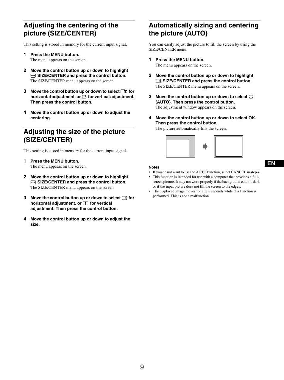 Adjusting the size of the picture (size/center) | Sony GDM-5510 User Manual | Page 9 / 186