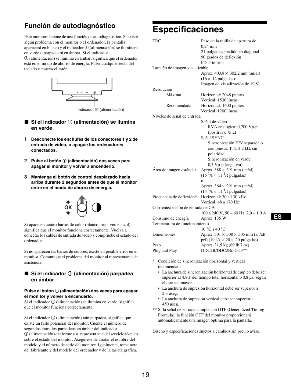 Función de autodiagnóstico, Especificaciones | Sony GDM-5510 User Manual | Page 91 / 186