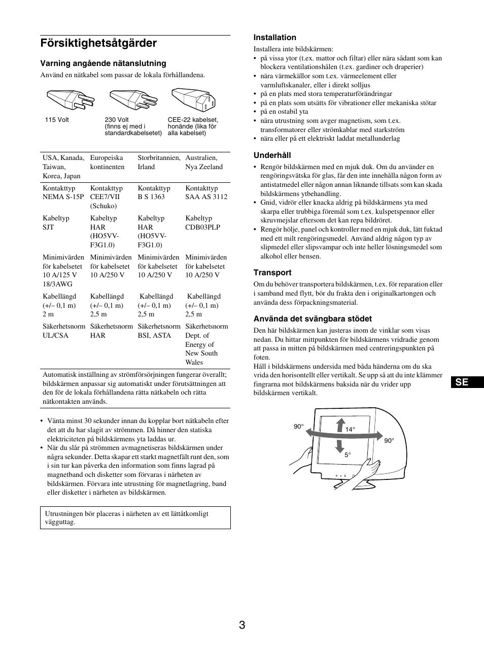 Försiktighetsåtgärder | Sony GDM-5510 User Manual | Page 93 / 186