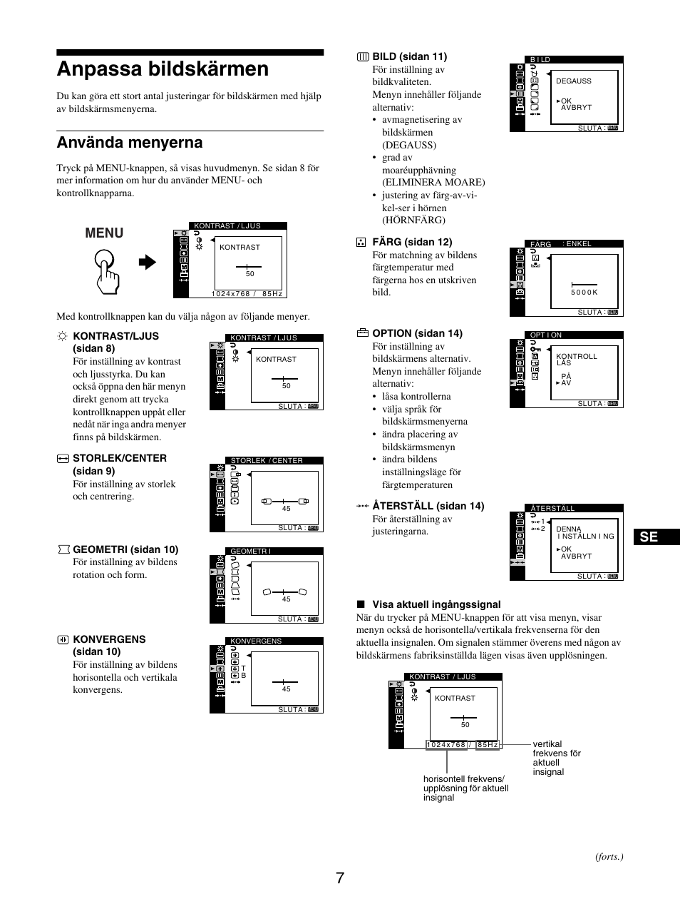 Anpassa bildskärmen, Använda menyerna, Menu | Sony GDM-5510 User Manual | Page 97 / 186