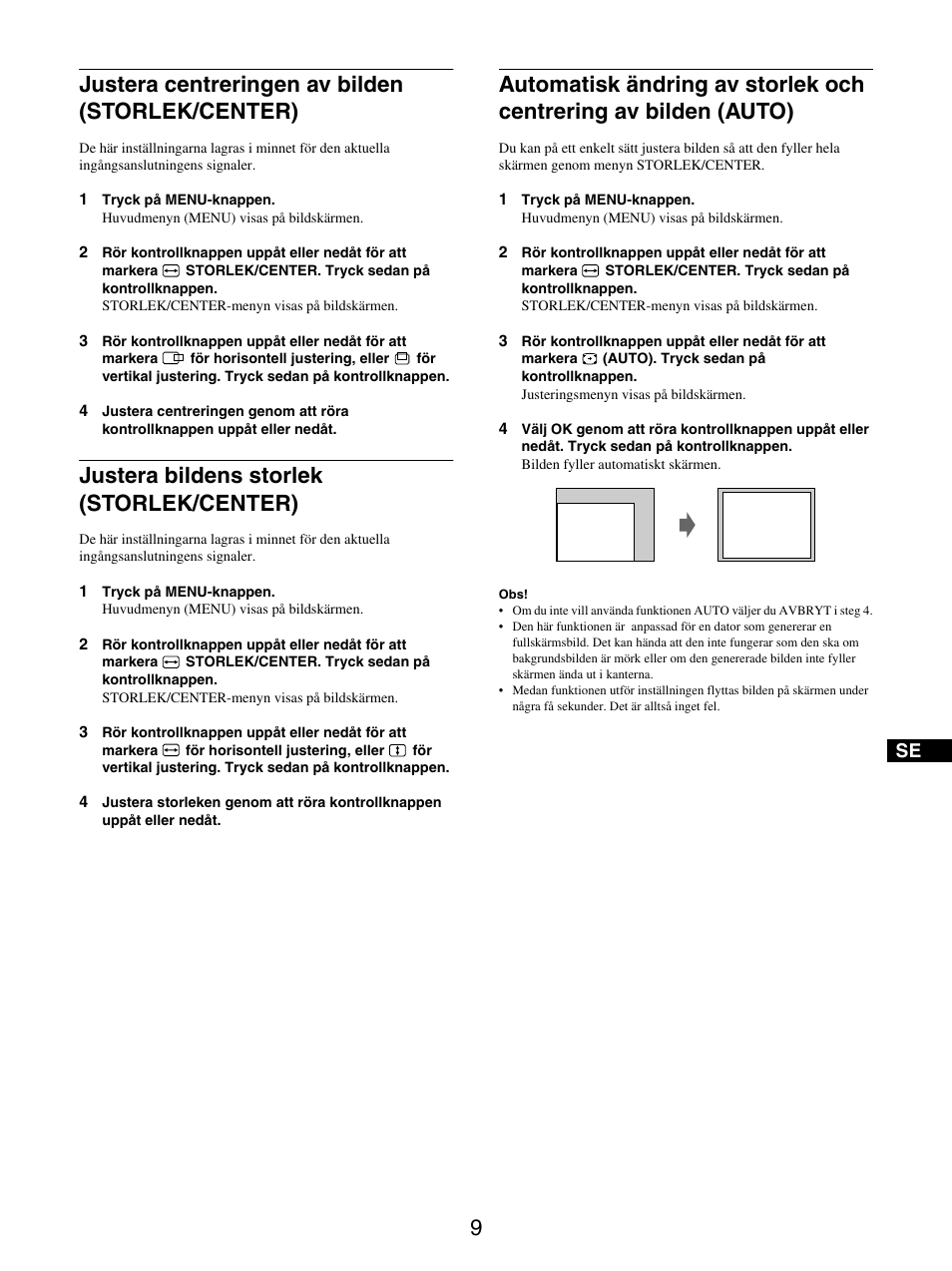 Justera centreringen av bilden (storlek/center), Justera bildens storlek (storlek/center) | Sony GDM-5510 User Manual | Page 99 / 186