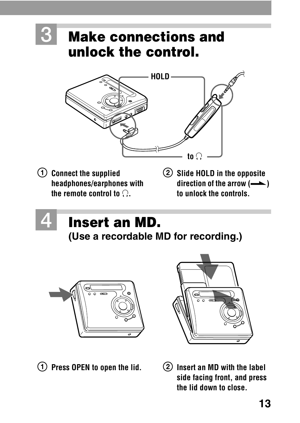 N (13), H (13), Make connections and unlock the control | Insert an md | Sony MZ-G750DPC User Manual | Page 13 / 76