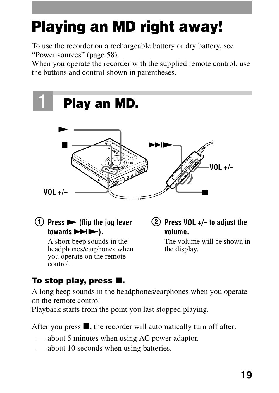 Playing an md right away, Play an md | Sony MZ-G750DPC User Manual | Page 19 / 76