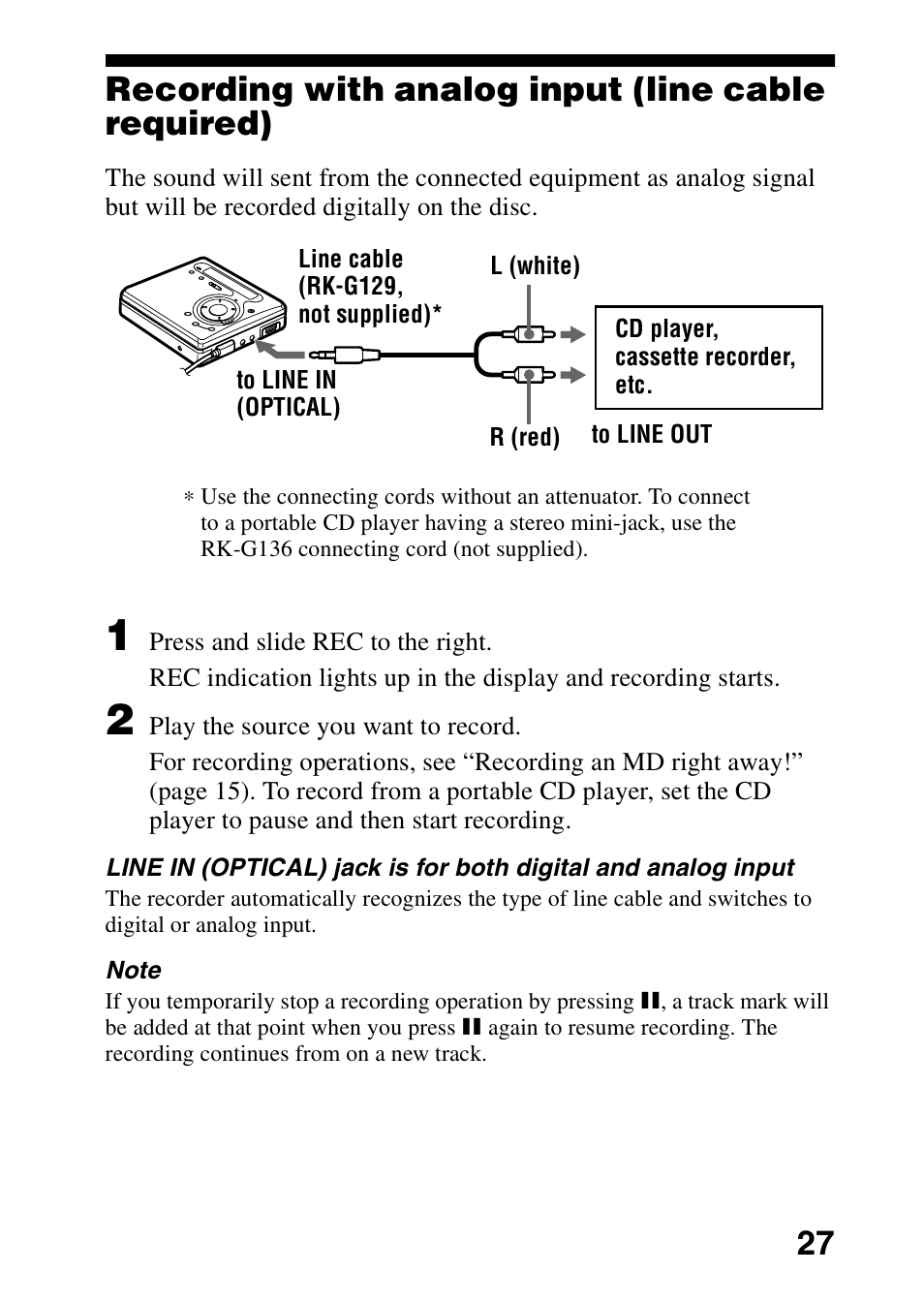 Recording with analog input (line cable required) | Sony MZ-G750DPC User Manual | Page 27 / 76