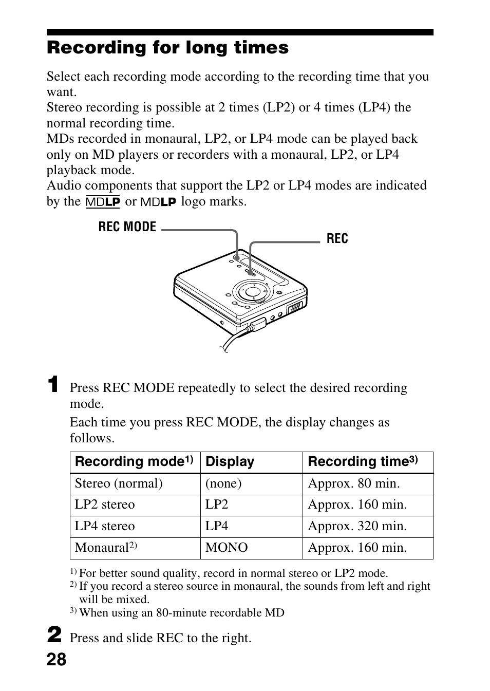 Recording for long times, 28 recording for long times | Sony MZ-G750DPC User Manual | Page 28 / 76