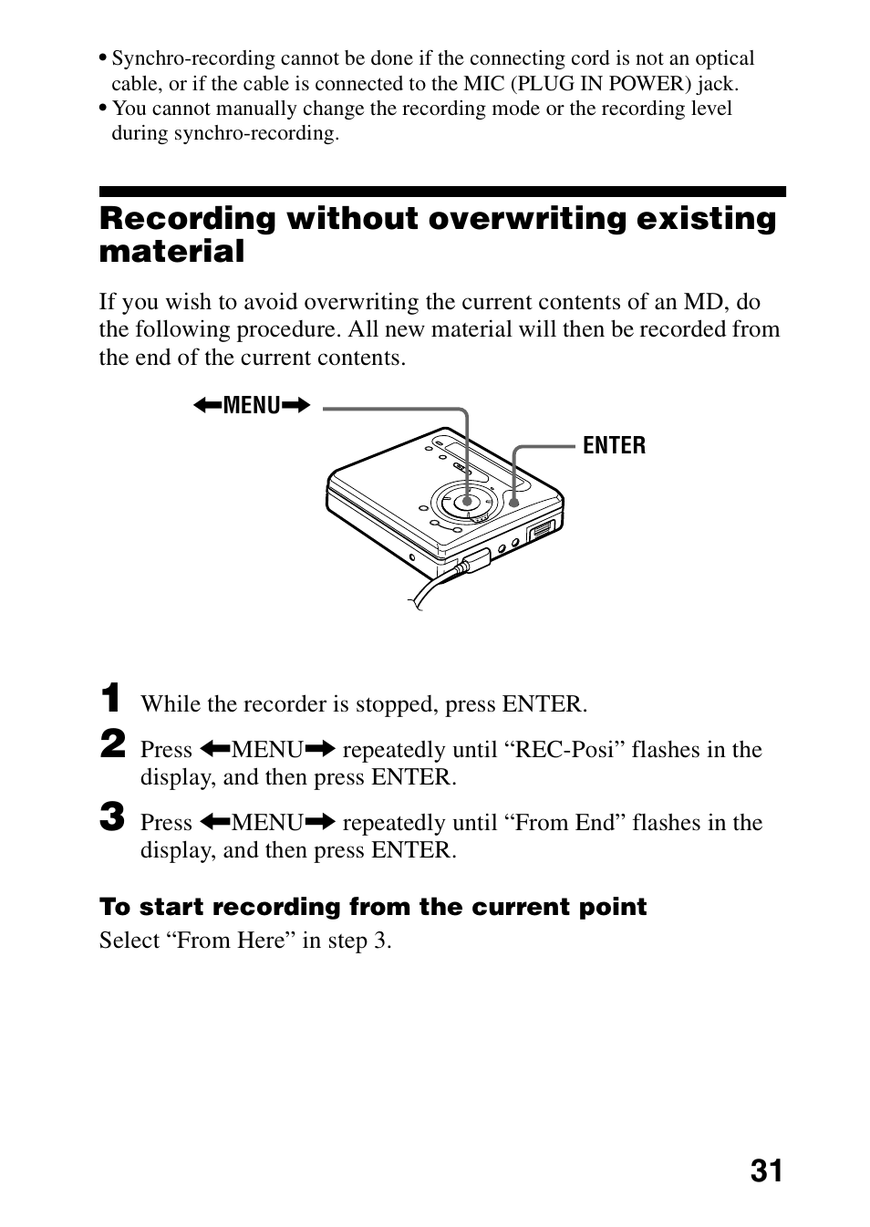 Recording without overwriting existing material | Sony MZ-G750DPC User Manual | Page 31 / 76