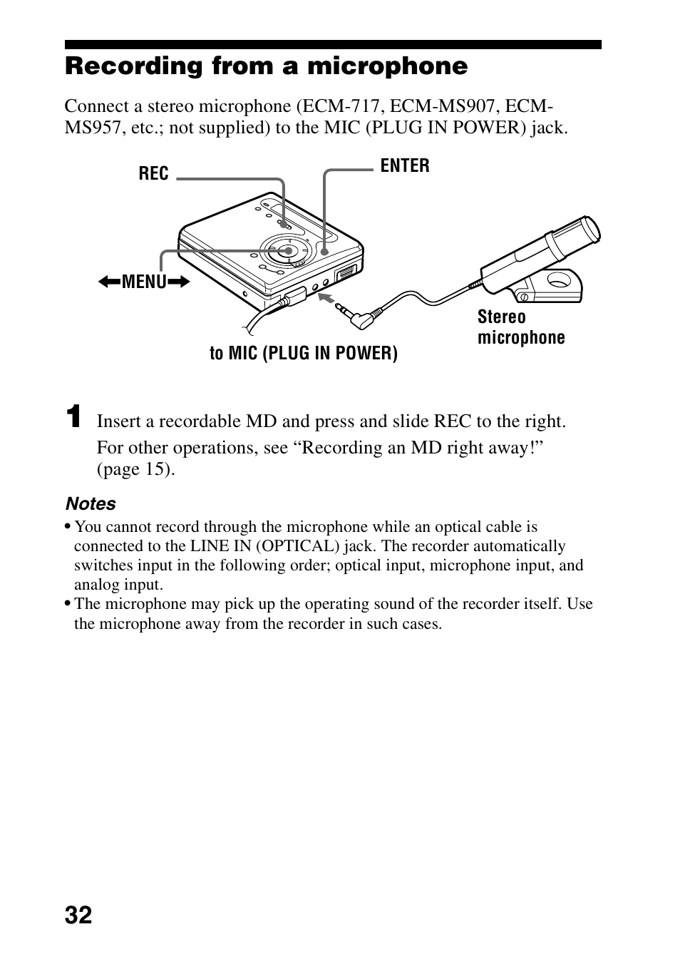 Recording from a microphone, 32 recording from a microphone | Sony MZ-G750DPC User Manual | Page 32 / 76