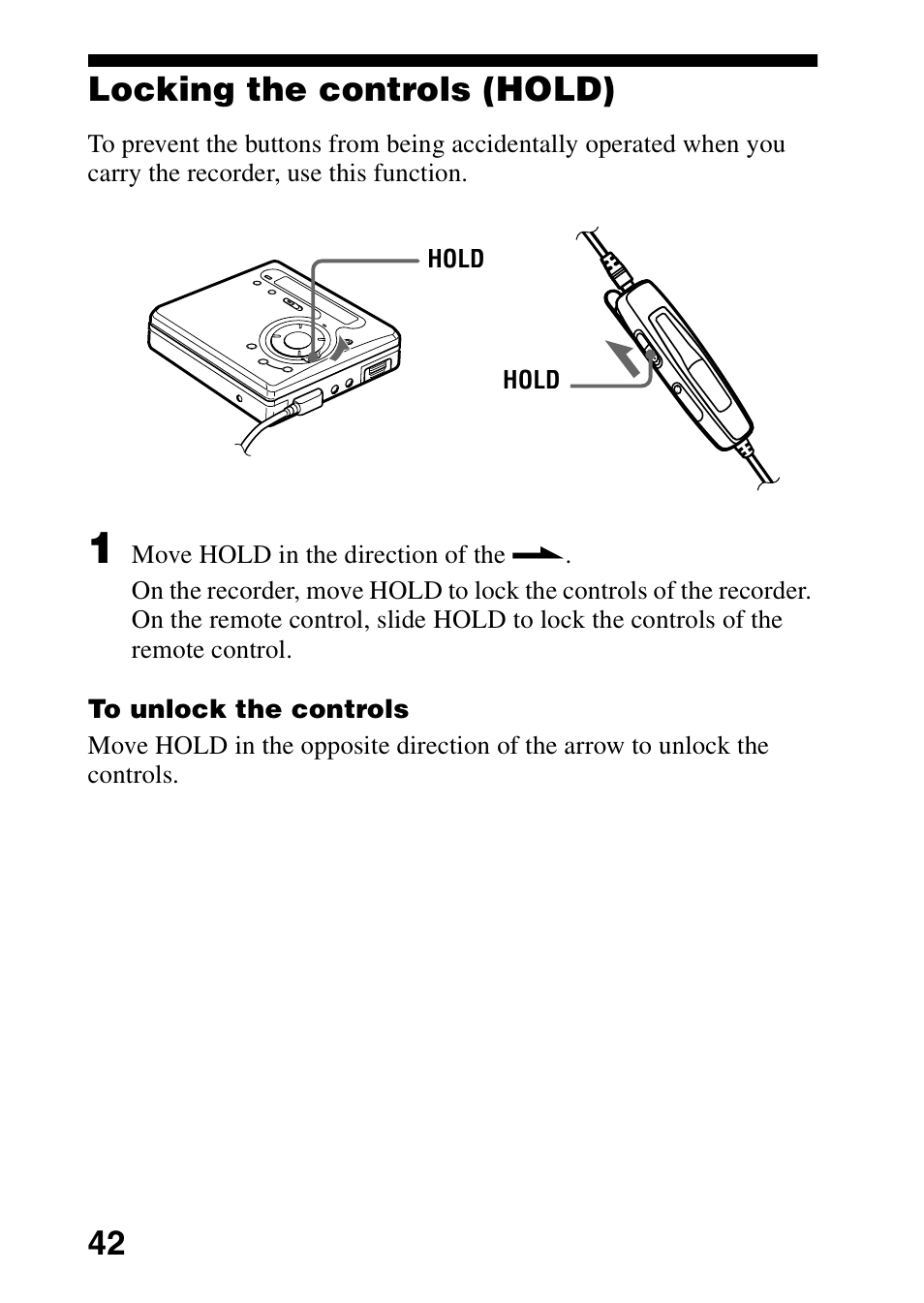 Locking the controls (hold), 42 locking the controls (hold) | Sony MZ-G750DPC User Manual | Page 42 / 76