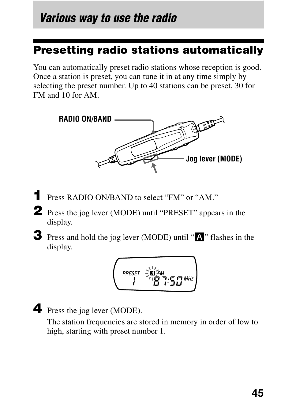 Various way to use the radio, Presetting radio stations automatically | Sony MZ-G750DPC User Manual | Page 45 / 76