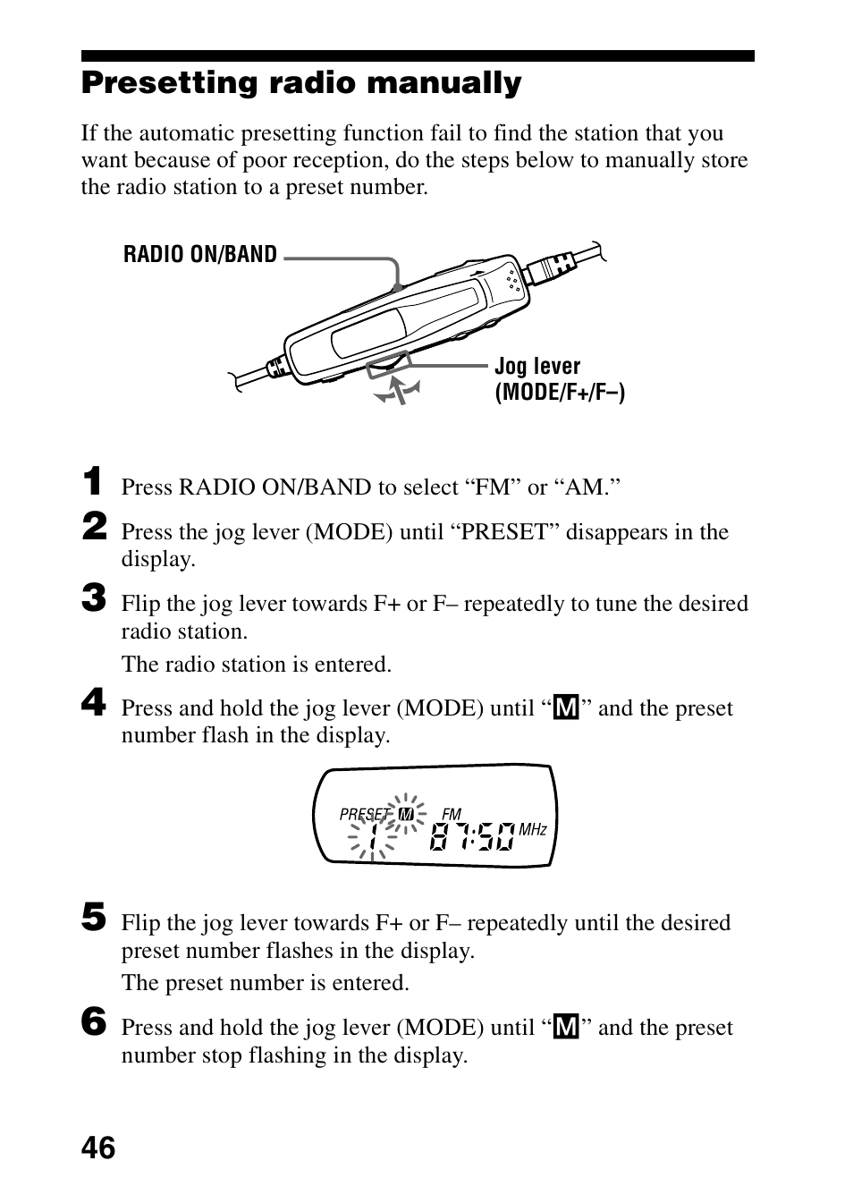 Presetting radio manually | Sony MZ-G750DPC User Manual | Page 46 / 76