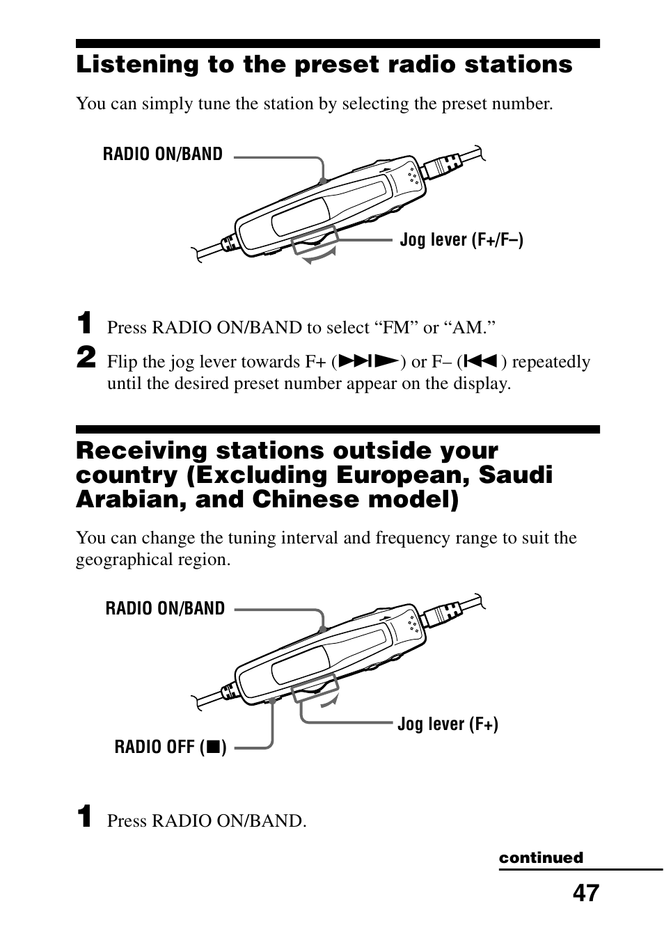 Listening to the preset radio stations, Arabian, and chinese model), 47 listening to the preset radio stations | Sony MZ-G750DPC User Manual | Page 47 / 76