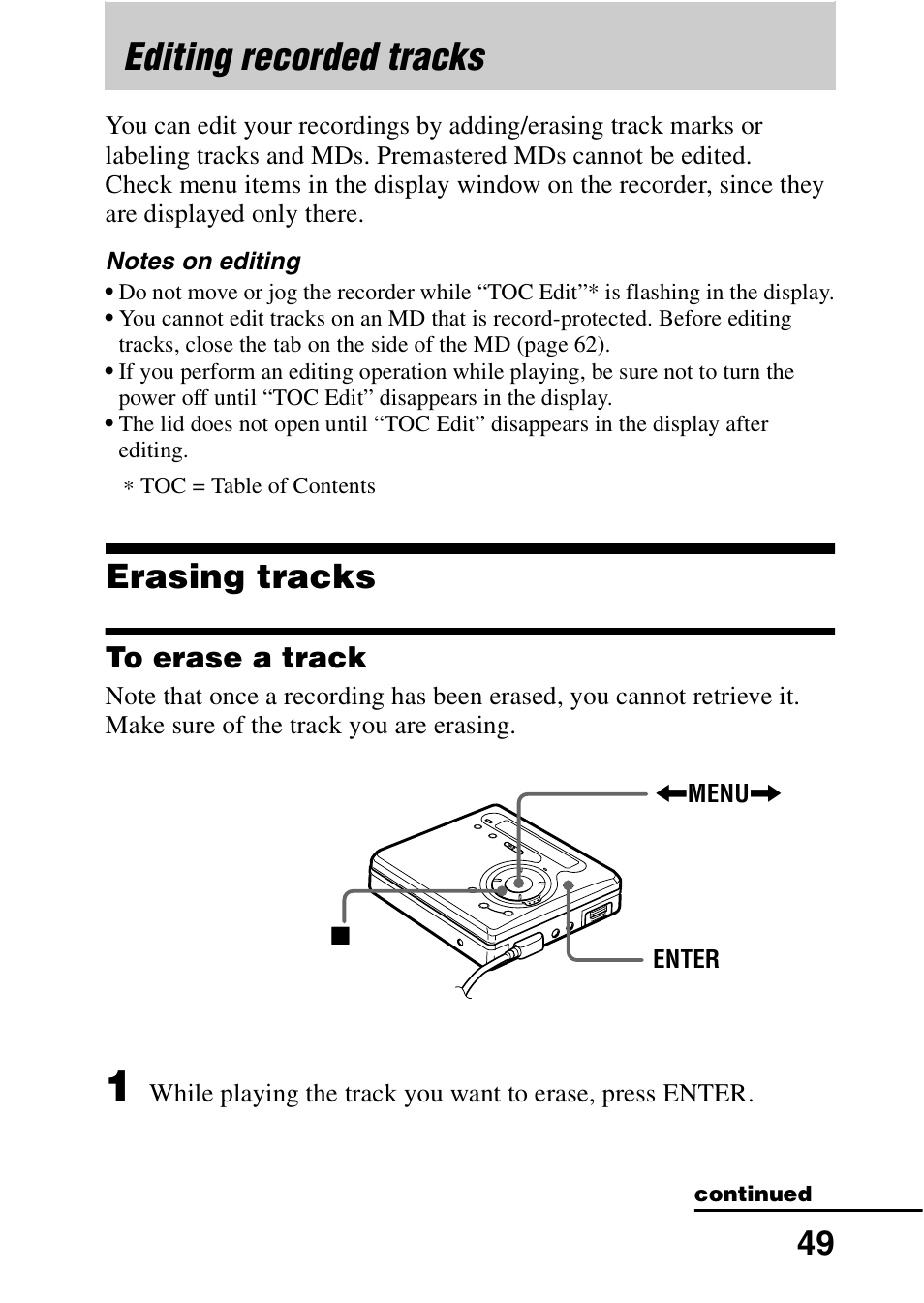 Editing recorded tracks, Erasing tracks, To erase a track | Sony MZ-G750DPC User Manual | Page 49 / 76