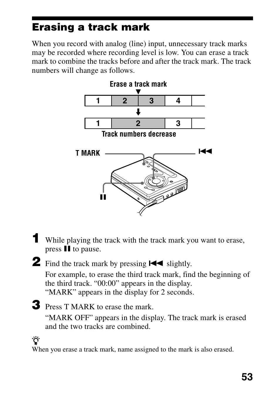 Erasing a track mark, 53 erasing a track mark | Sony MZ-G750DPC User Manual | Page 53 / 76